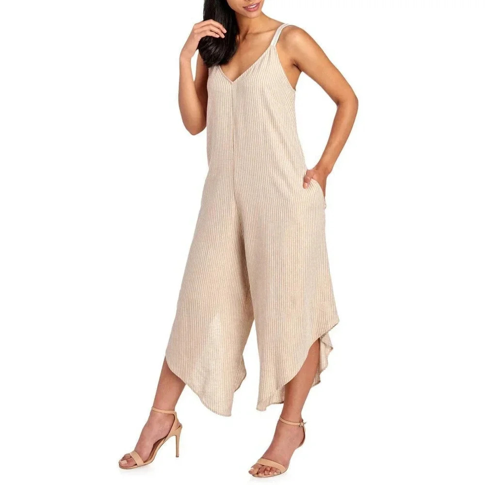 Everlily Stripe Lurex Linen Wide Leg Jumpsuit Khaki Size M